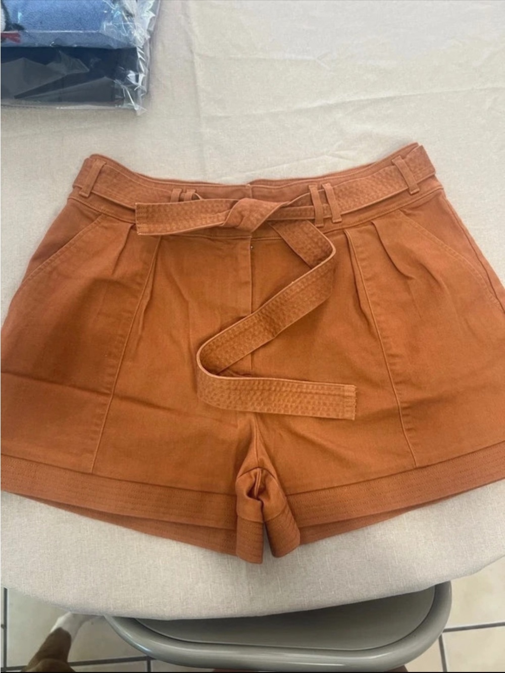 High-Rise Paperbag Belted Women’s Jean Shorts in Rust